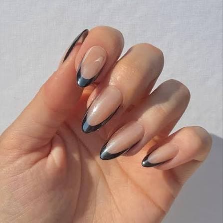 Elegant black French tip on natural nude nails